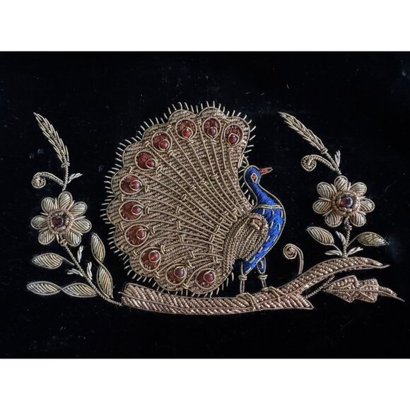 Peacock On Black Velvet Fabric Handcrafted Embroidered Metallic Gold Thread & Re - Picture 1 of 3